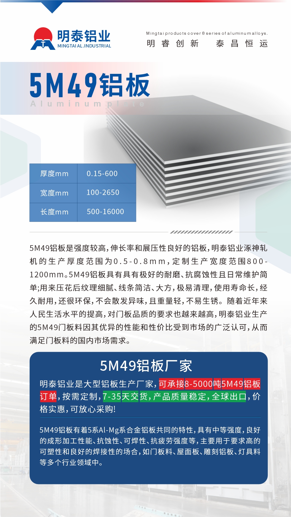 5M49鋁板是強(qiáng)度較高，伸長率和展壓性良好的鋁板，明泰鋁業(yè)涿神軋機(jī)的生產(chǎn)厚度范圍為0.5-0.8mm，定制生產(chǎn)寬度范圍800-1200mm。5M49鋁板具有具有極好的耐磨、抗腐蝕性且日常維護(hù)簡單;用來壓花后紋理細(xì)膩、線條簡潔、大方，極易清理，使用壽命長，經(jīng)久耐用，還很環(huán)保，不會散發(fā)異味，且重量輕，不易生銹。 隨著近年來人民生活水平的提高，對門板品質(zhì)的要求也越來越高，明泰鋁業(yè)生產(chǎn)的5M49門板料因其優(yōu)異的性能和性價比受到市場的廣泛認(rèn)可，從而滿足門板料的國內(nèi)市場需求。
