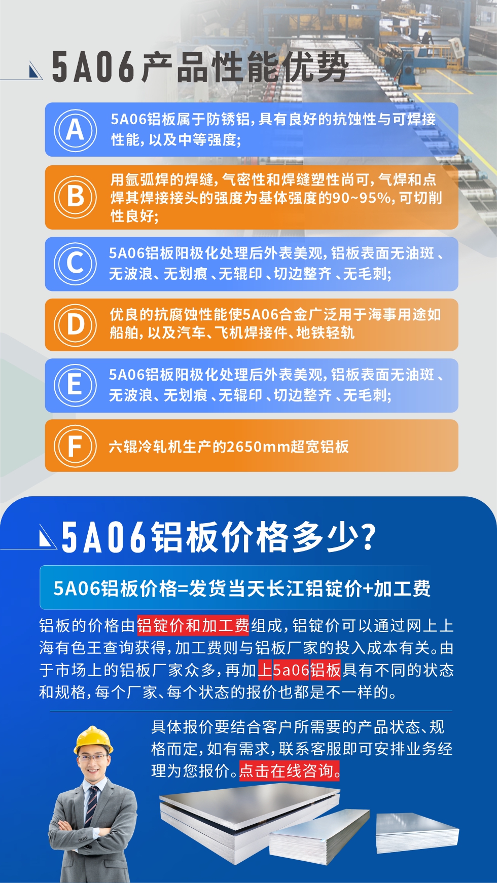產(chǎn)品性能優(yōu)勢   

1、5A06鋁板屬于防銹鋁，具有良好的抗蝕性與可焊接性能，以及中等強(qiáng)度;

2、用氬弧焊的焊縫，氣密性和焊縫塑性尚可，氣焊和點(diǎn)焊其焊接接頭的強(qiáng)度為基體強(qiáng)度的90~95%，可切削性良好;

3、5A06鋁板陽極化處理后外表美觀，鋁板表面無油斑 、無波浪、 無劃痕 、無輥印 、切邊整齊 、無毛刺;

4、優(yōu)良的抗腐蝕性能使5A06合金廣泛用于海事用途如船舶，以及汽車、飛機(jī)焊接件、地鐵輕軌;

5、六輥冷軋機(jī)生產(chǎn)的2650mm超寬鋁板;