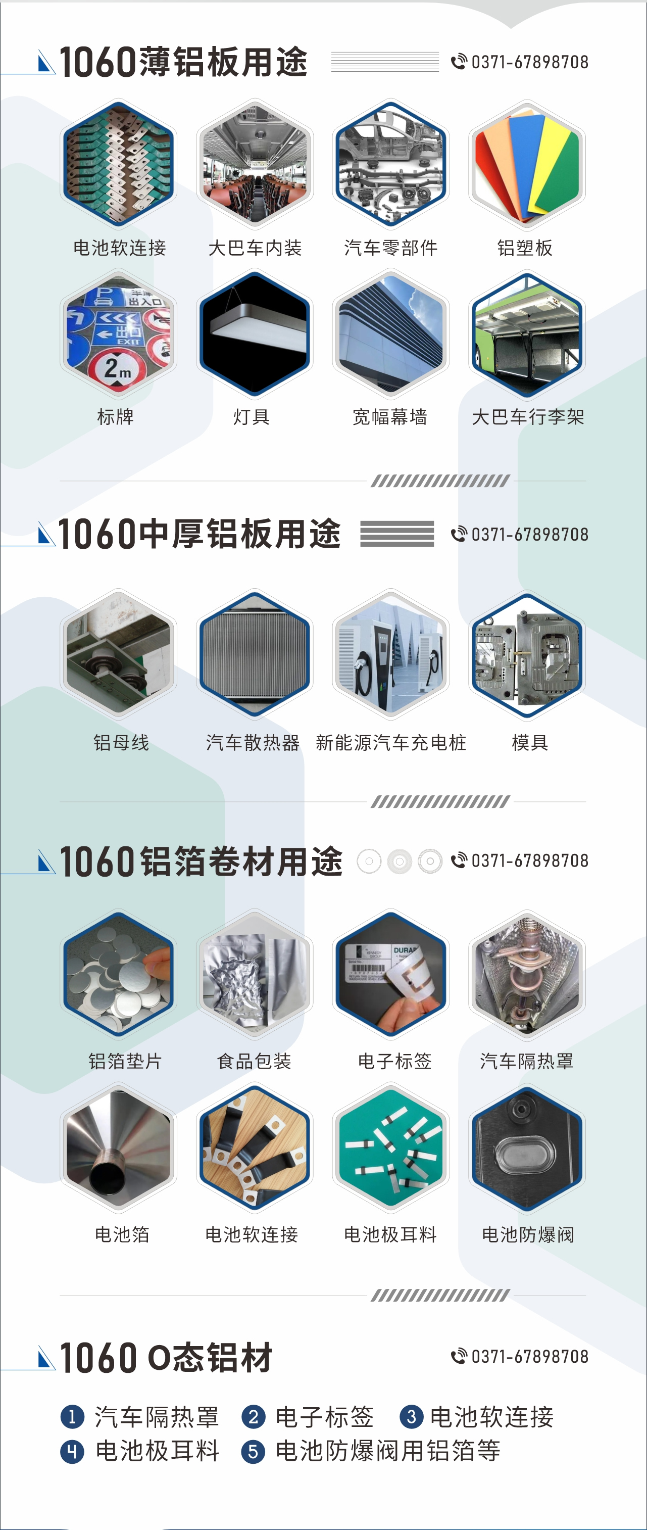 1060鋁板卷用途
　　1060鋁薄板用途： 電池軟連接、大巴車內(nèi)裝、汽車零部件、鋁塑板、標(biāo)牌、燈具、寬幅幕墻、大巴車行李架/地板/花紋板(宇通公司使用)等;1060中厚鋁板用途：鋁母線、汽車散熱器、新能源汽車充電樁、模具等;1060鋁箔卷材用途：鋁箔墊片、食品包裝、電子標(biāo)簽、汽車隔熱罩用鋁箔、電池箔、電池軟連接、電池極耳料、電池防爆閥等;1060-O態(tài)鋁材用途：汽車隔熱罩、電子標(biāo)簽、電池軟連接、電池極耳料、電池防爆閥用鋁箔等;1060鋁板多少錢1噸.1060鋁板價(jià)格=發(fā)貨當(dāng)天長(zhǎng)江鋁錠價(jià)+加工費(fèi)