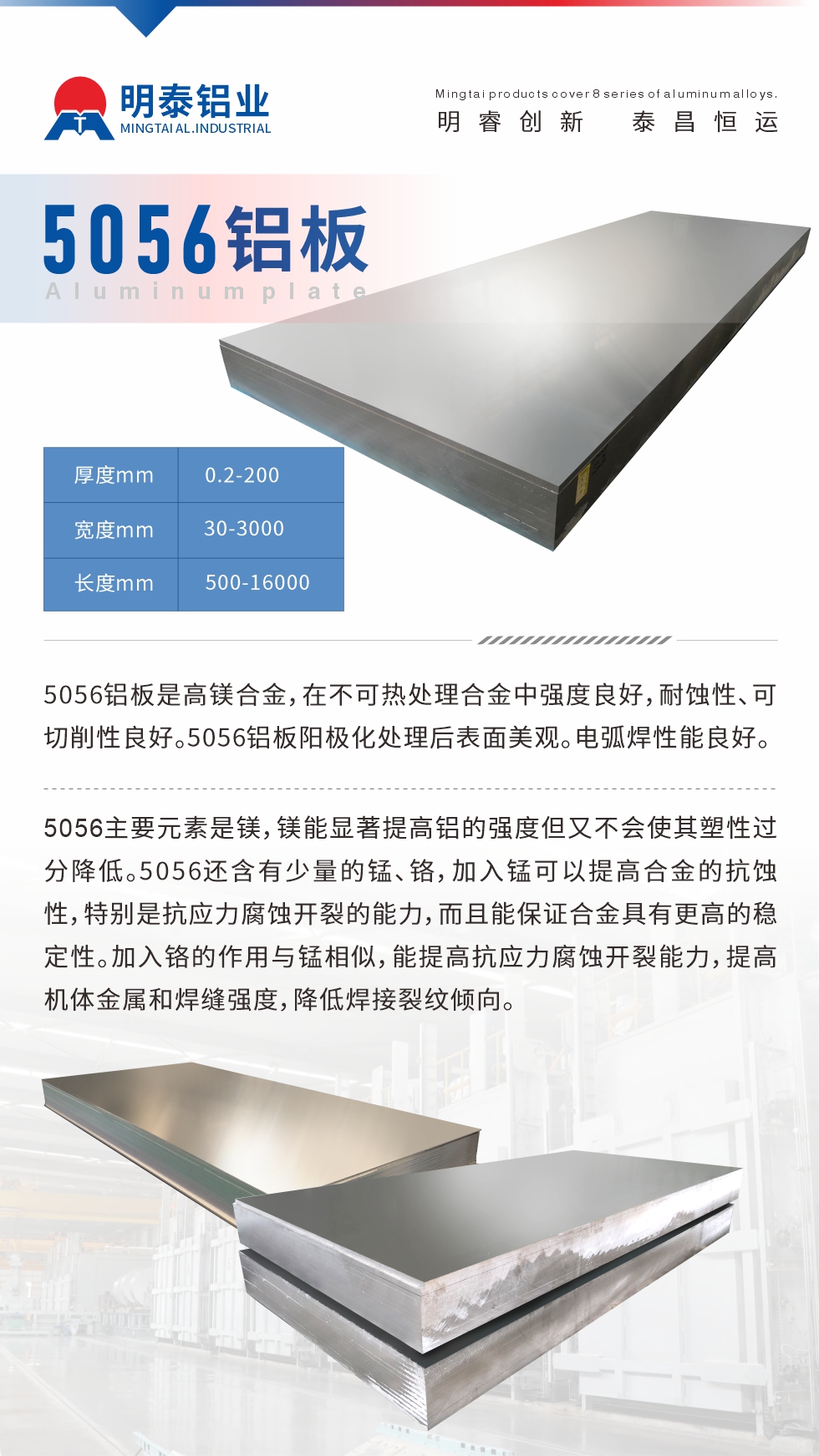 5056鋁板介紹
　　5056鋁板是高鎂合金，在不可熱處理合金中強(qiáng)度良好，耐蝕性、可切削性良好。5056鋁板陽(yáng)極化處理后表面美觀。電弧焊性能良好。
　　5056主要元素是鎂，鎂能顯著提高鋁的強(qiáng)度但又不會(huì)使其塑性過(guò)分降低。5056還含有少量的錳、鉻，加入錳可以提高合金的抗蝕性，特別是抗應(yīng)力腐蝕開(kāi)裂的能力，而且能保證合金具有更高的穩(wěn)定性。加入鉻的作用與錳相似，能提高抗應(yīng)力腐蝕開(kāi)裂能力，提高機(jī)體金屬和焊縫強(qiáng)度，降低焊接裂紋傾向。