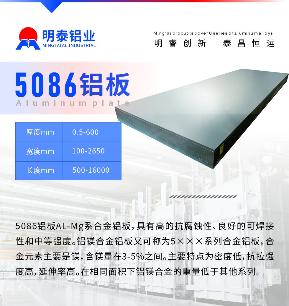 產(chǎn)品介紹
　　5086鋁板AL-Mg系合金鋁板，具有高的抗腐蝕性、良好的可焊接性和中等強度。鋁鎂合金鋁板又可稱為5×××系列合金鋁板，合金元素主要是鎂，含鎂量在3-5%之間。主要特點為密度低，抗拉強度高，延伸率高。在相同面積下鋁鎂合金的重量低于其他系列。
