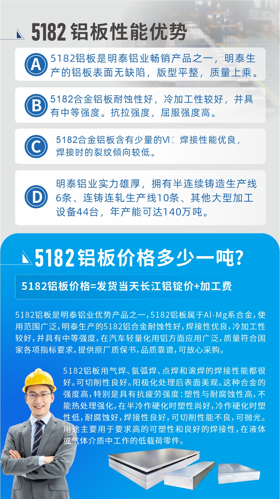 　明泰5182鋁板優(yōu)勢:1、5182鋁板是明泰鋁業(yè)暢銷產品之一，明泰生產的鋁板表面無缺陷，版型平整，質量上乘。
2、5182合金鋁板耐蝕性好，冷加工性較好，并具有中等強度?？估瓘姸?，屈服強度高。
3、5182合金鋁板含有少量的Si，焊接性能優(yōu)良，焊接時的裂紋傾向較低。
4、明泰鋁業(yè)實力雄厚，擁有半連續(xù)鑄造生產線6條、連鑄連軋生產線10條、其他大型加工設備44臺，年產能可達140萬噸。
5182鋁板是明泰鋁業(yè)優(yōu)勢產品之一，5182鋁板屬于Al-Mg系合金，使用范圍廣泛，明泰生產的5182鋁合金耐蝕性好，焊接性優(yōu)良，冷加工性較好，并具有中等強度，在汽車輕量化用鋁方面應用廣泛，質量符合國家各項指標要求，提供原廠質保書，品質靠譜，可放心采購。
5182鋁板用氣焊、氬弧焊、點焊和滾焊的焊接性能都很好?？汕邢餍粤己谩ｊ枠O化處理后表面美觀。這種合金的強度高，特別是具有抗疲勞強度：塑性與耐腐蝕性高，不能熱處理強化，，在半冷作硬化時塑性尚好，冷作硬化時塑性低，耐腐蝕好，焊接性良好，可切削性能不良，可拋光。用途主要用于要求高的可塑性和良好的焊接性，在液體或氣體介質中工作的低載荷零件。
化學成分:含鋁(Al) 余量
鋅(Zn)≤0.25;鉻(Cr)≤0.10;硅(Si)≤0.20;鐵(Fe)0.000～0.350;錳(Mn)0.20～0.50;鎂(Mg)4.0～5.0;鈦(Ti)≤0.10;銅(Cu)≤0.15
力學性能:抗拉強度 σb (MPa)：≥175;條件屈服強度 σ0.2 (MPa)：≥80;伸長率 δ5 (%)：≥15
注 ：管材室溫力學性能;試樣尺寸：所有壁厚
