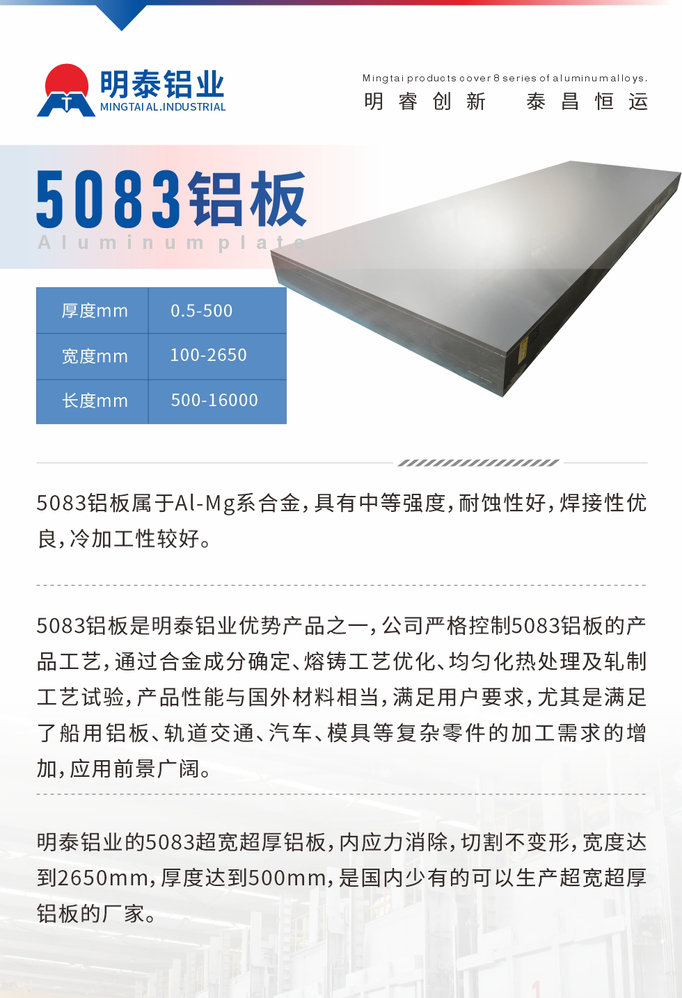 5083鋁板屬于Al-Mg系合金，具有中等強(qiáng)度，耐蝕性好，焊接性優(yōu)良，冷加工性較好。
　　5083鋁板是明泰鋁業(yè)優(yōu)勢產(chǎn)品之一，公司嚴(yán)格控制5083鋁板的產(chǎn)品工藝，通過合金成分確定、熔鑄工藝優(yōu)化、均勻化熱處理及軋制工藝試驗(yàn)，產(chǎn)品性能與國外材料相當(dāng)，滿足用戶要求，尤其是滿足了船用鋁板、軌道交通、汽車、模具等復(fù)雜零件的加工需求的增加，應(yīng)用前景廣闊。
　　明泰鋁業(yè)的5083超寬超厚鋁板，內(nèi)應(yīng)力消除，切割不變形，寬度達(dá)到2650mm，厚度達(dá)到500mm，是國內(nèi)少有的可以生產(chǎn)超寬超厚鋁板的廠家。