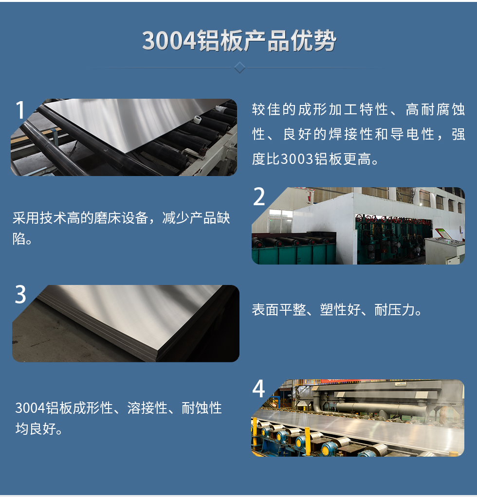 3004鋁板產(chǎn)品優(yōu)勢
　　1、較佳的成形加工特性、高耐腐蝕性、良好的焊接性和導電性，強度比3003鋁板更高。
　　2、采用技術高的磨床設備，減少產(chǎn)品缺陷。
　　3、表面平整、塑性好、耐壓力。
　　明泰3004鋁板優(yōu)勢
　　1、3004鋁板成形性、溶接性、耐蝕性均良好。
　　2、好的成形加工特性、高耐腐蝕性、良好的焊接性和導電性，強度比3003鋁板更高。
　　3、3004鋁板表面平整、塑性好、耐壓力;
　　4、采用國際先進的磨床設備，減少產(chǎn)品缺陷。